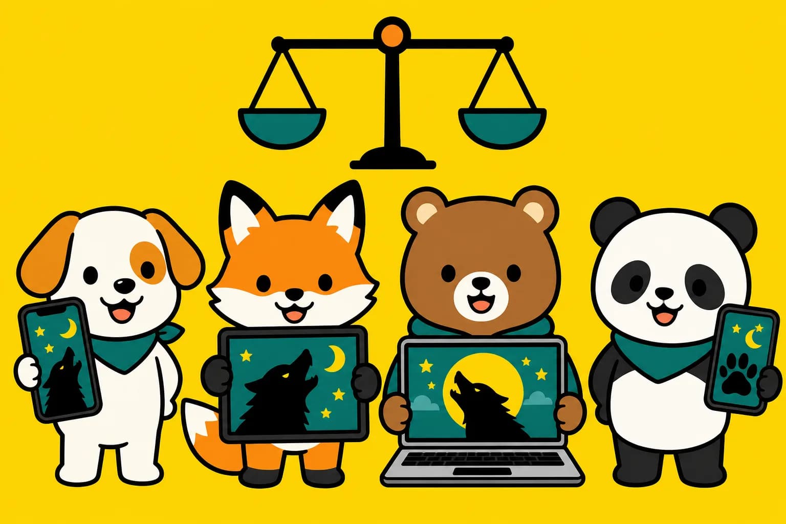 動物たちがスマホ・タブレット・PCを見せ合って人狼ツールを比べるイラスト
