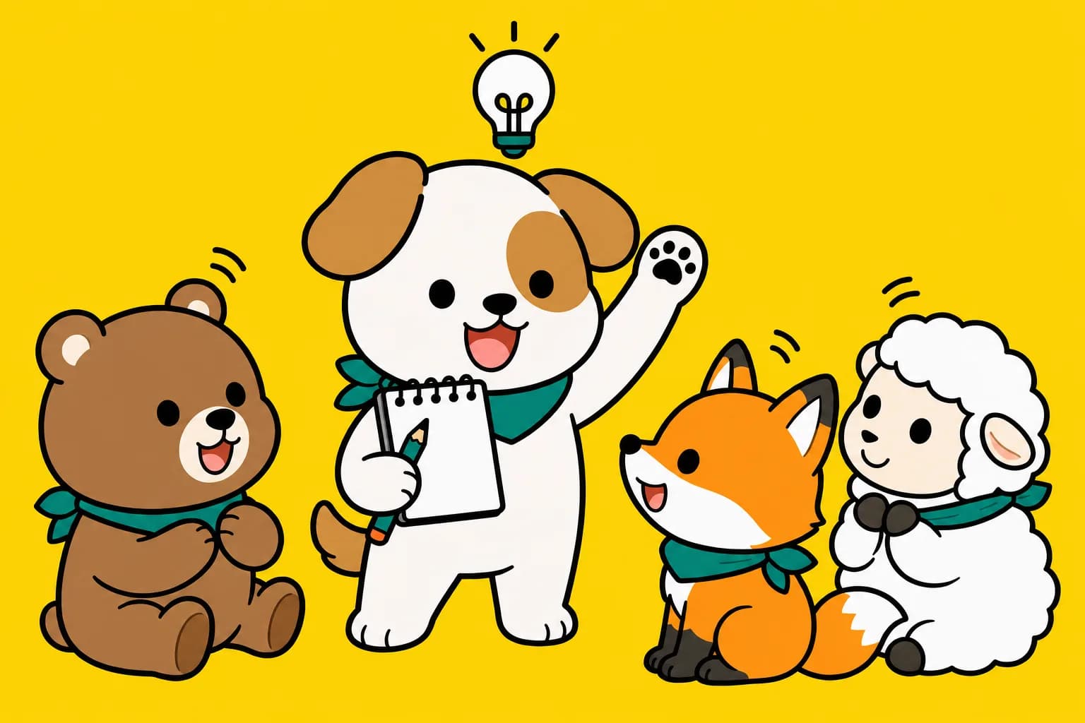 メモ帳を持って元気に発言する子犬と、聞いている動物たちのイラスト