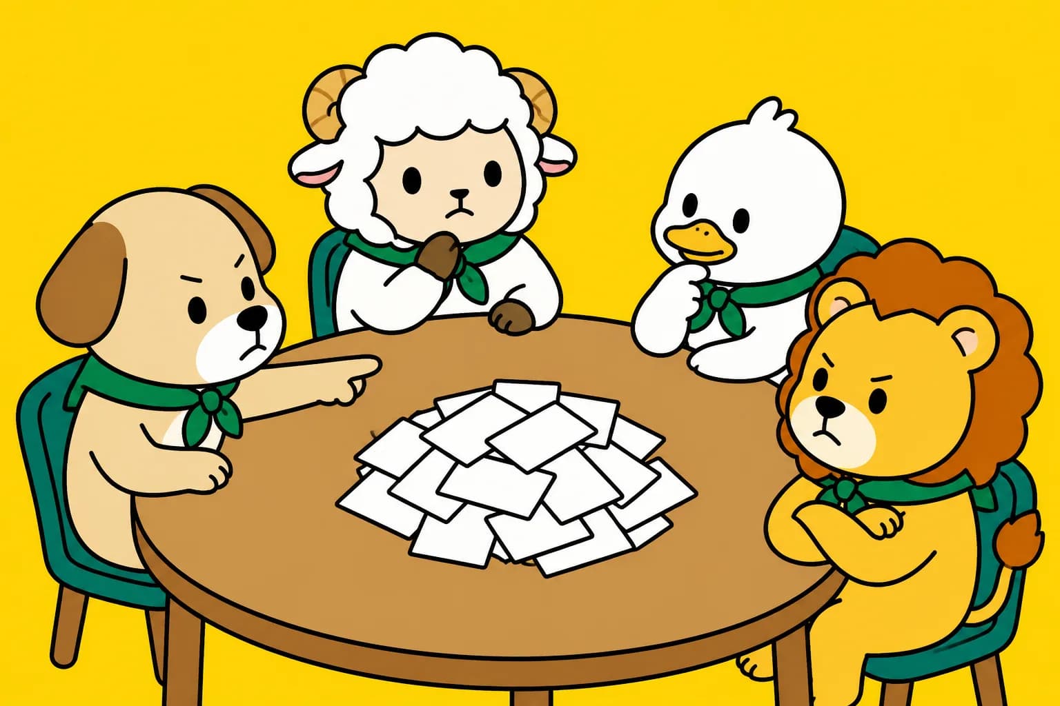 能力を持たない市民の動物が、議論の輪の中心で身を乗り出して話しているイラスト