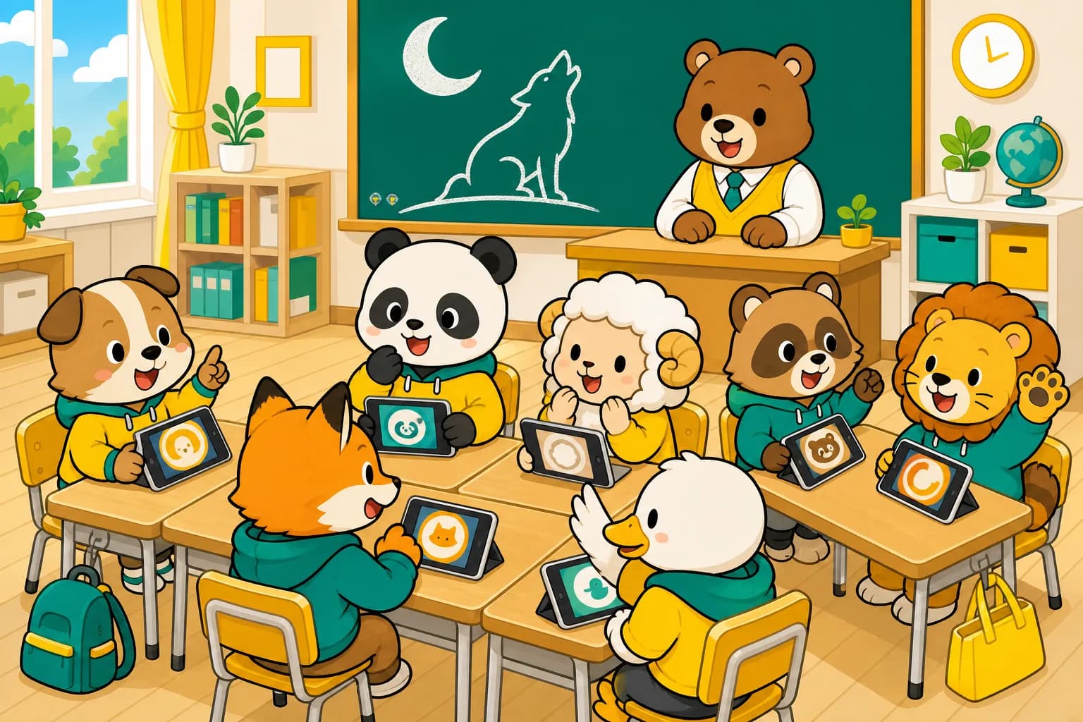 教室で動物の生徒たちがタブレットを見ながら人狼を遊び、先生のクマが見守るイラスト