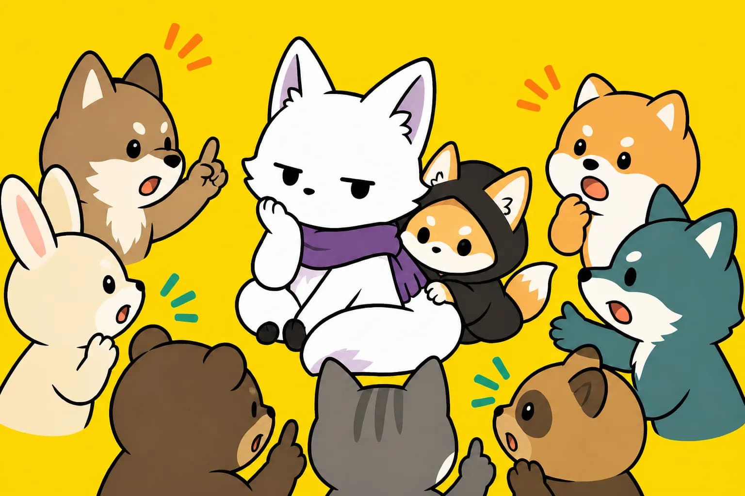 議論する動物たちの輪の端で、静かに気配を消している一匹の狐のイラスト