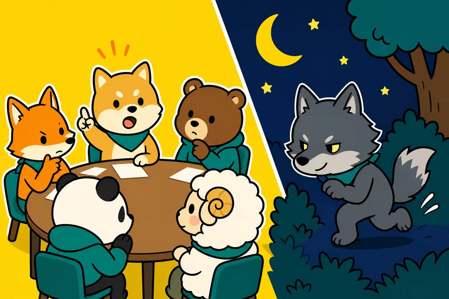 昼にテーブルで議論する動物たちと、夜にこっそり動く人狼のイラスト