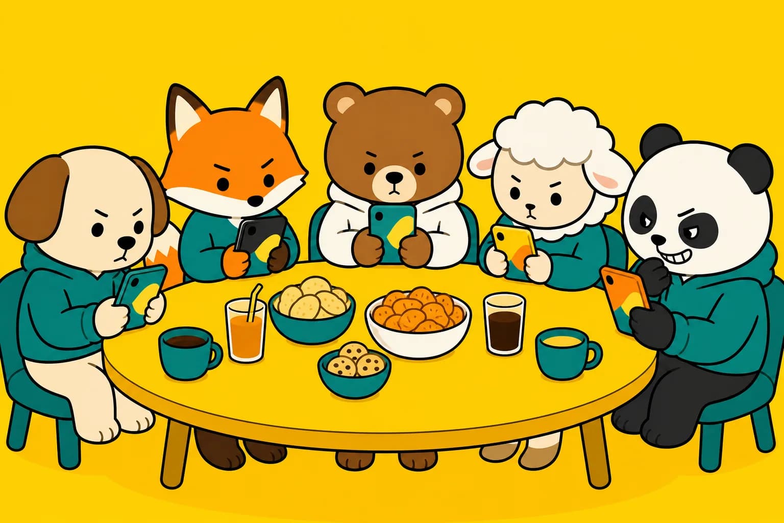 テーブルを囲んでそれぞれのスマホを見ながら対面人狼を遊ぶ動物たちのイラスト