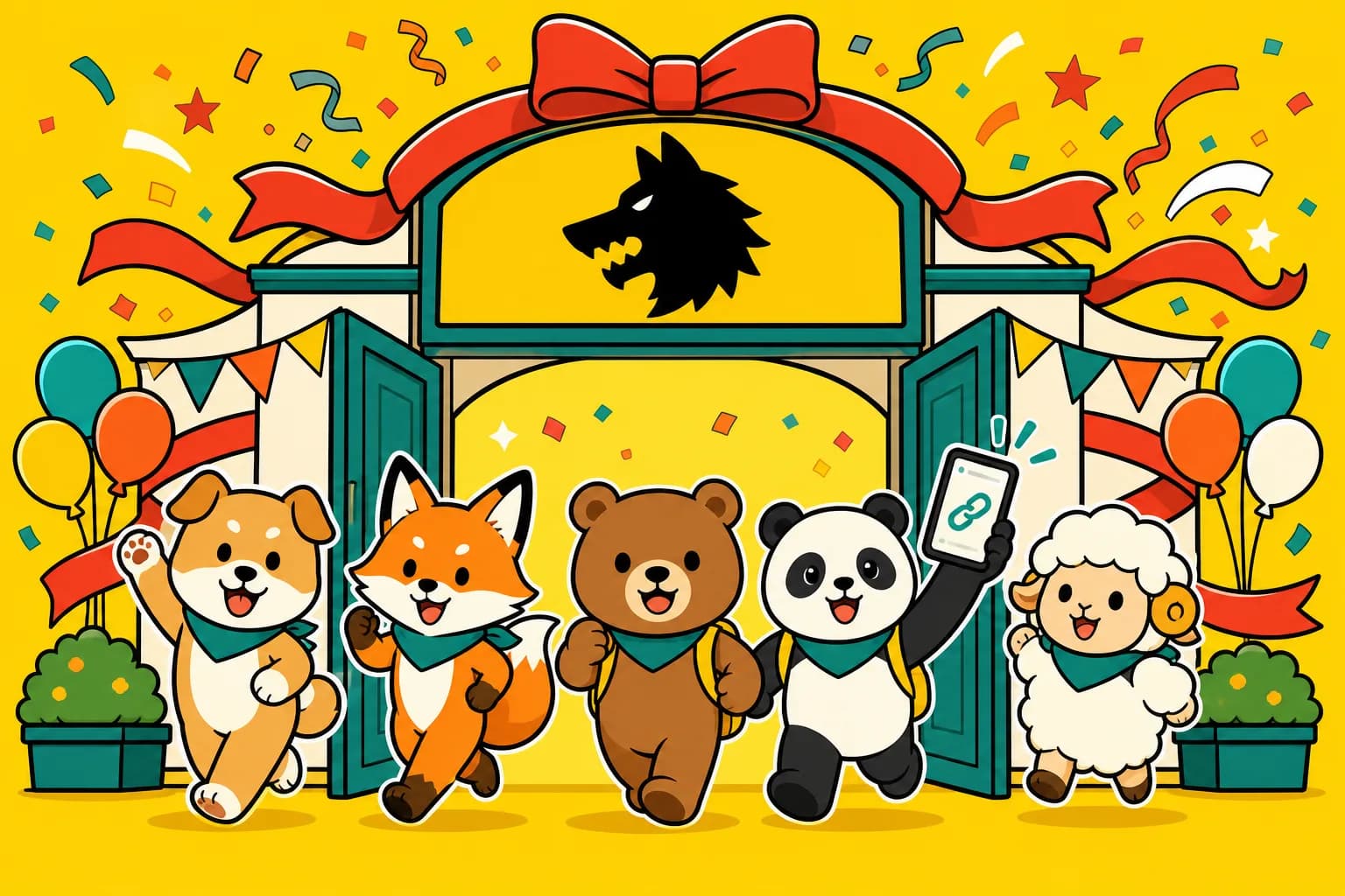 リニューアルオープンのゲートをくぐる動物たちのイラスト