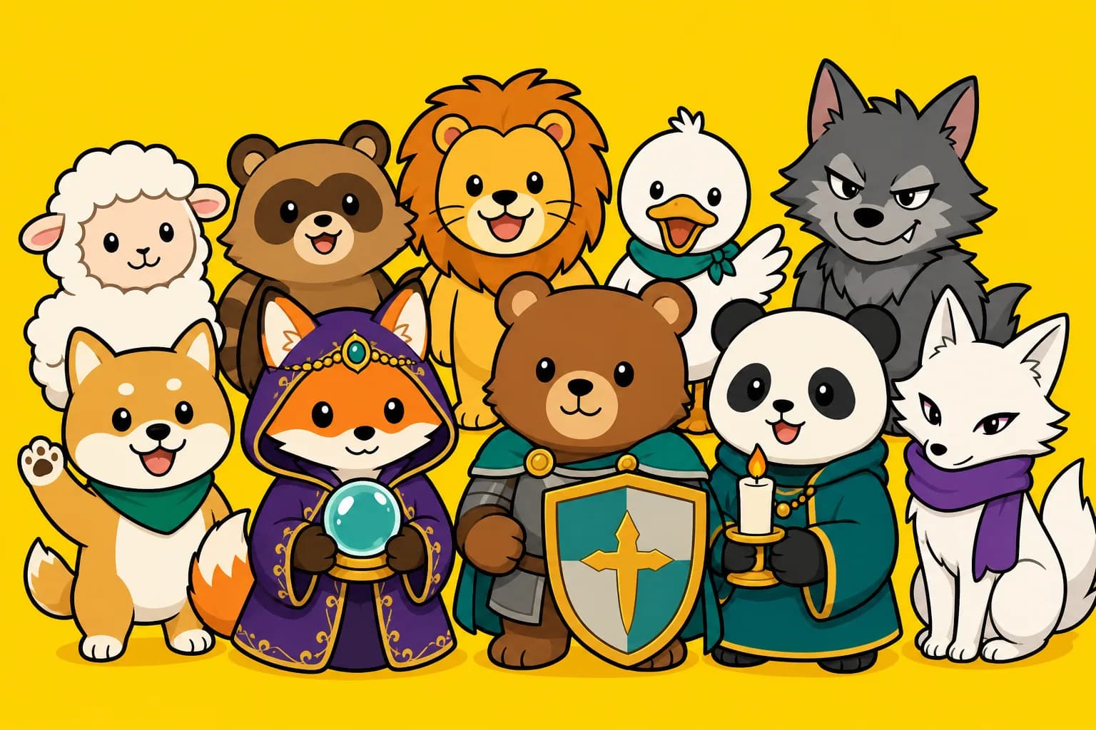 全12役職をイメージした動物キャラの集合イラスト(水晶玉を持つ占い師、盾を持つ騎士、ロウソクを持つ霊媒師、人狼、妖狐など)