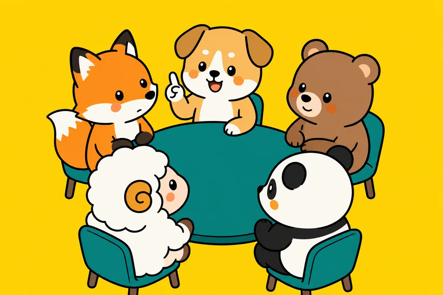 5匹の動物が小さな円卓を囲んで人狼ゲームを遊ぶイラスト