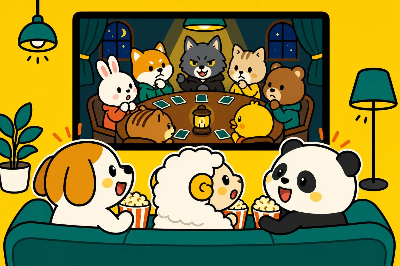 ソファでポップコーンを持って人狼配信を観る動物たちのイラスト