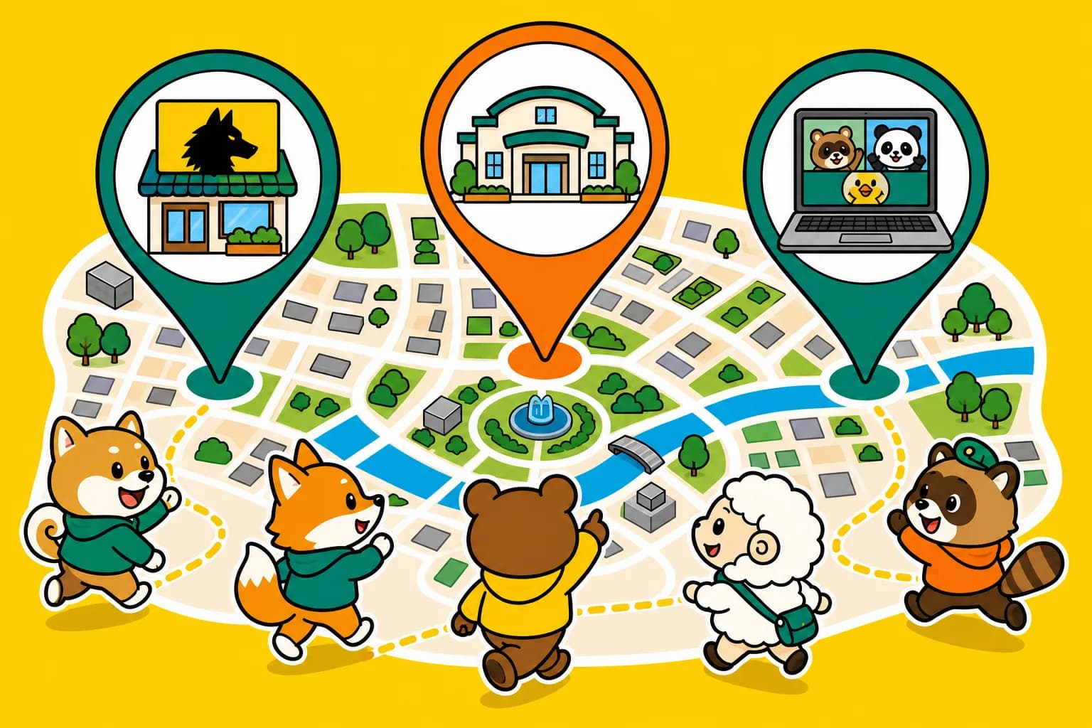 地図の上のピンが人狼専門店・イベント会場・オンラインを指すイラスト