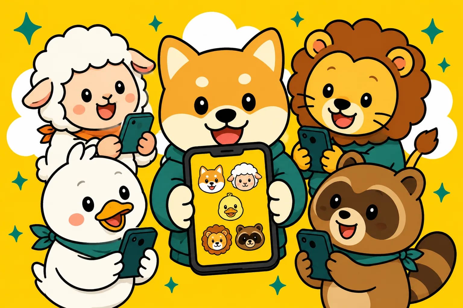 スマホを持つ動物たちと、動物アイコンが並ぶタブレットのイラスト