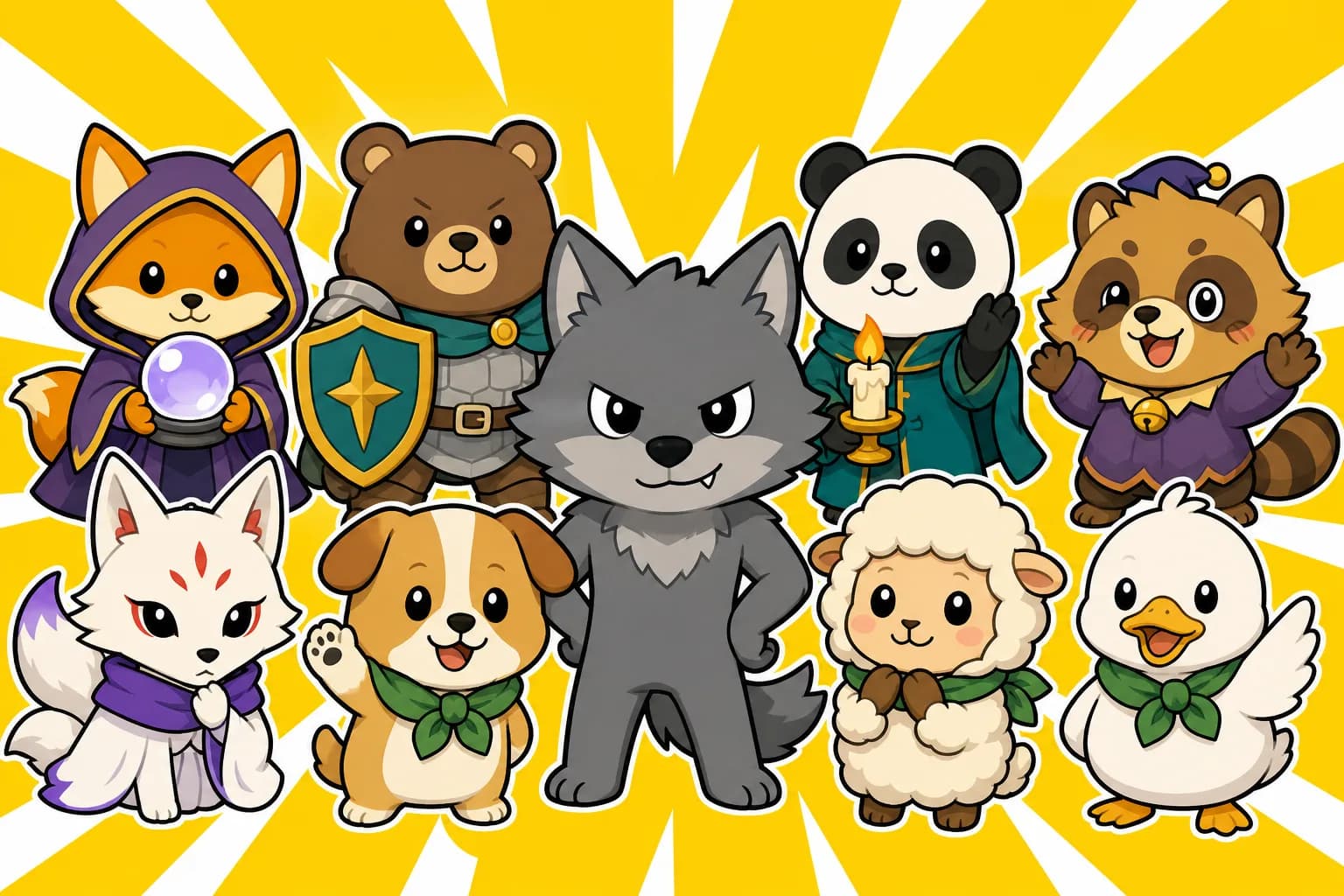 占い師や騎士、人狼などの役職に扮した動物たちのイラスト